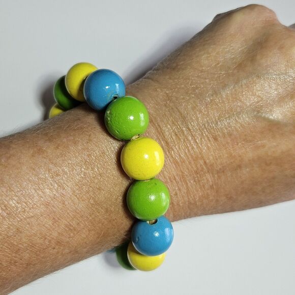 Yellow, Blue Green Silver Tone Matching Wood Beaded Earrings Bracelet Set 7.25" - Picture 6 of 16